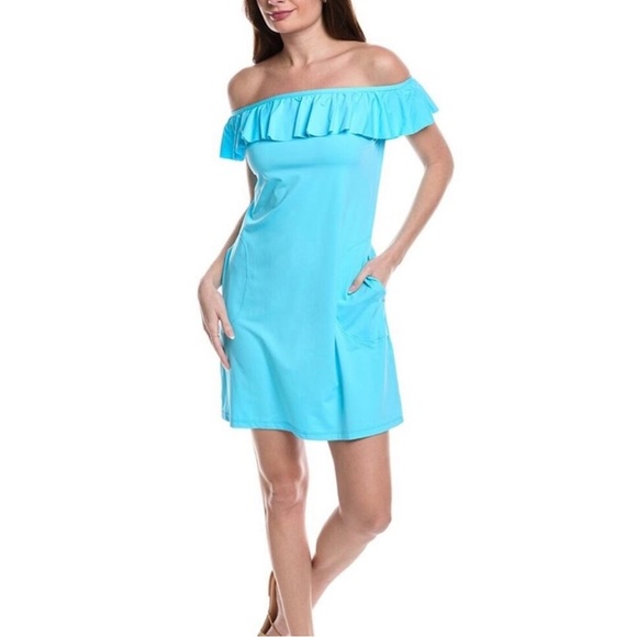 NEW Tommy Bahama Pearl Off-the-shoulder Ruffle Spa Dress Blue Sz L - Picture 1 of 9